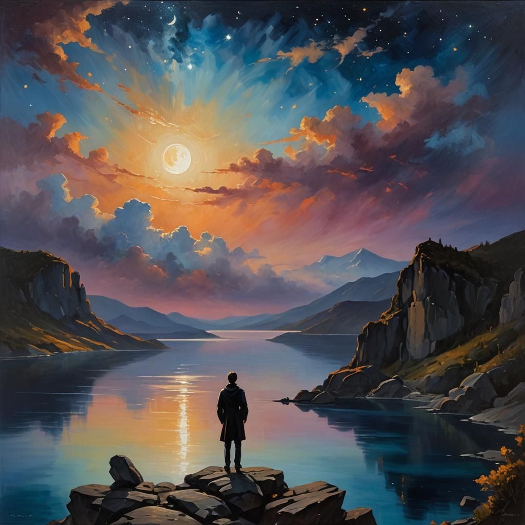 Lone Figure Overlooking Lake at Night as Oil Painting