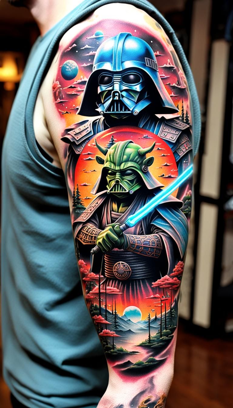3D surreal tattoo star wars samurai mashup is a full sleeve ...