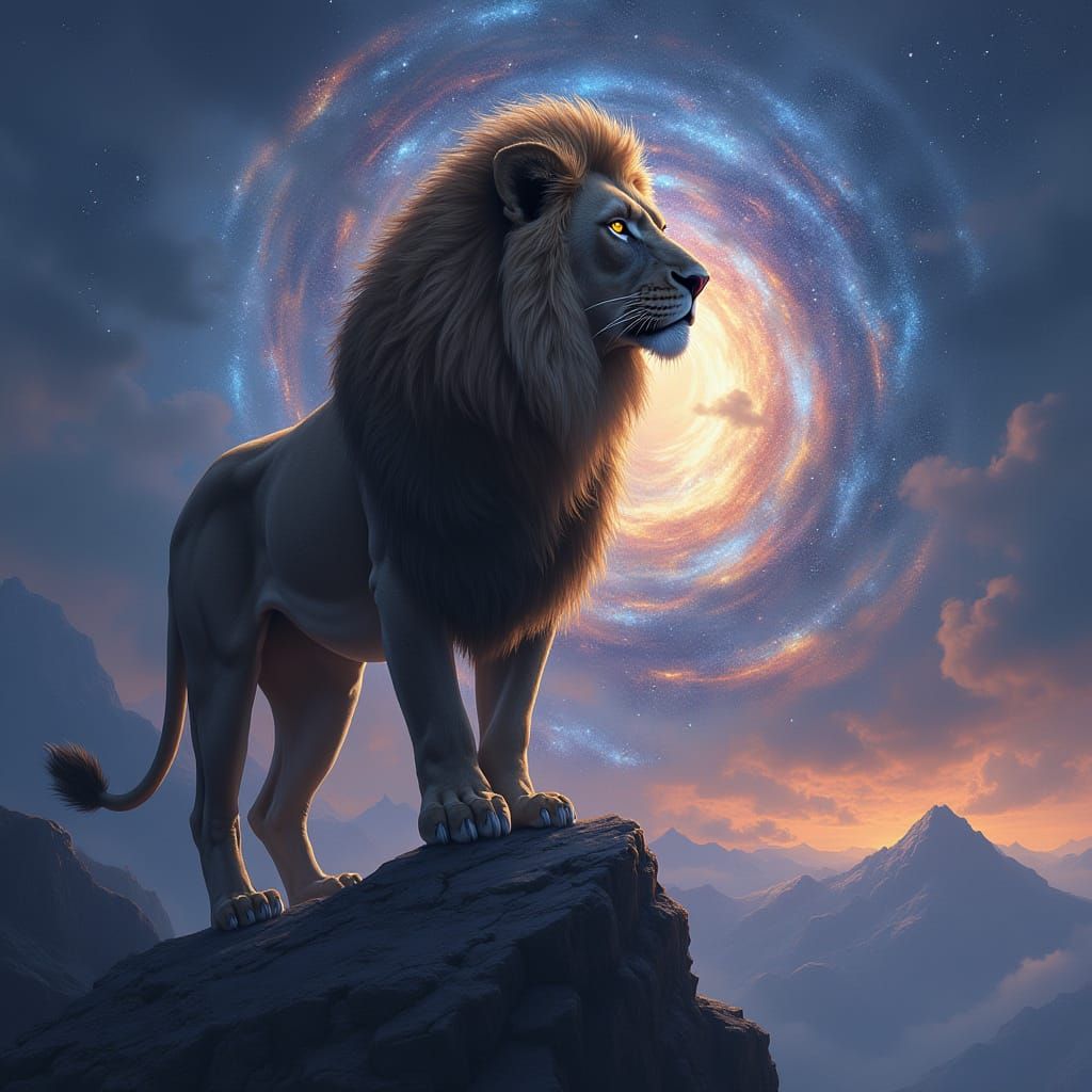 Cosmic Lion Ascends the Starry Peaks