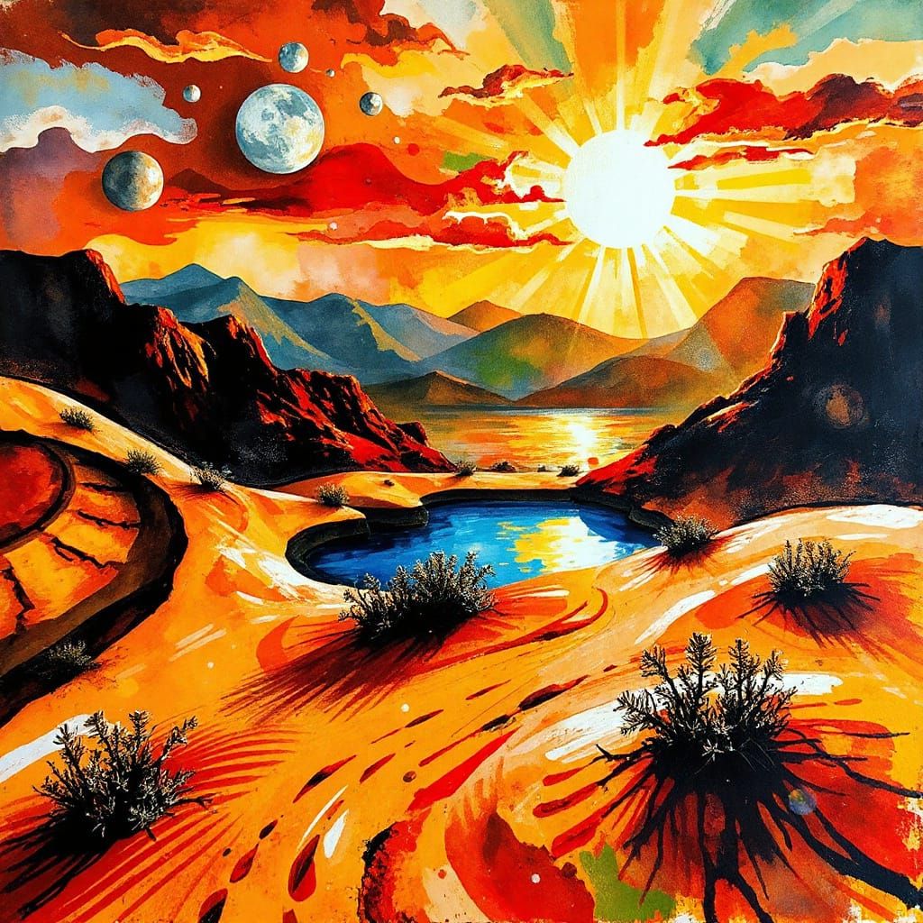 Desert Oasis in Abstract Expressionist Watercolor