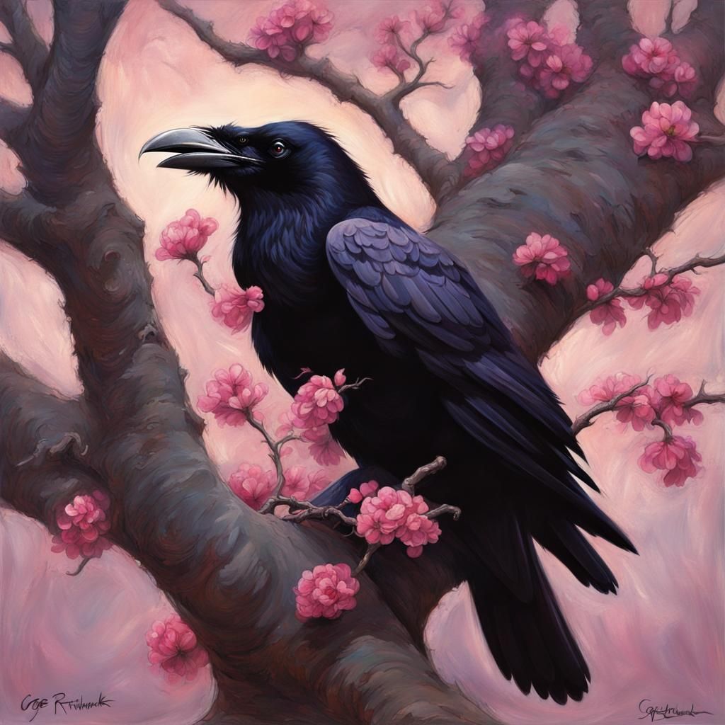 Sinister Ravens in Tree with Pink Flowers