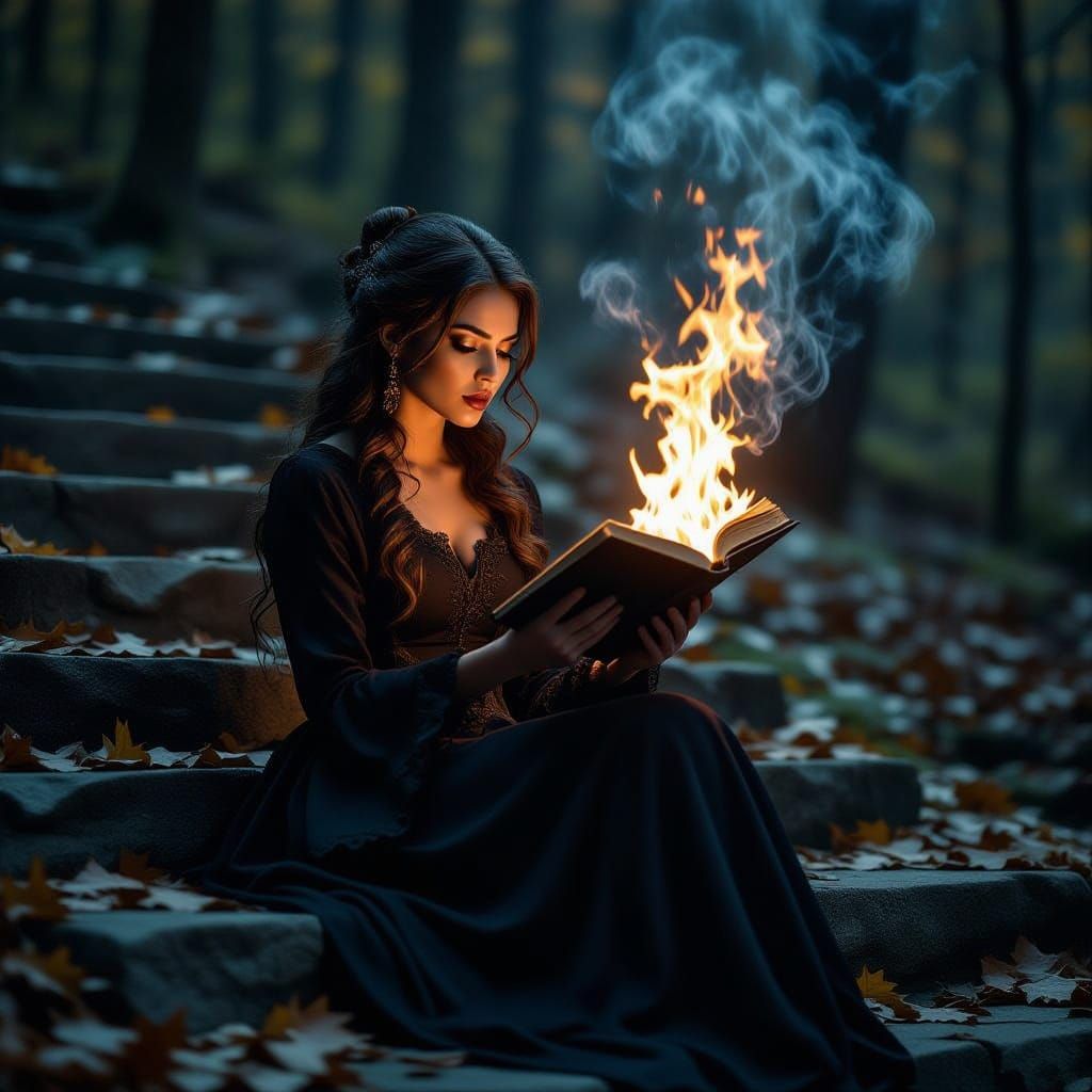 Mystical Woman Casts Spell, Book Explodes in Autumn Forest