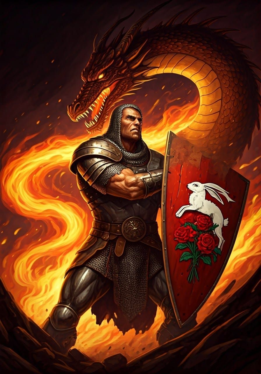 Heroic Knight Defends Against Fiery Dragon in Medieval Battl...