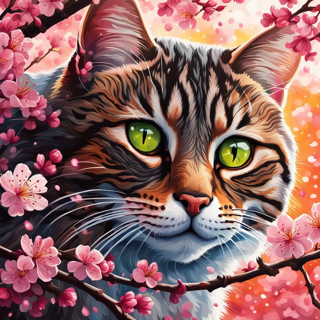 Tabby Cat Hidden in Cherry Blossoms: Hyperrealistic Art