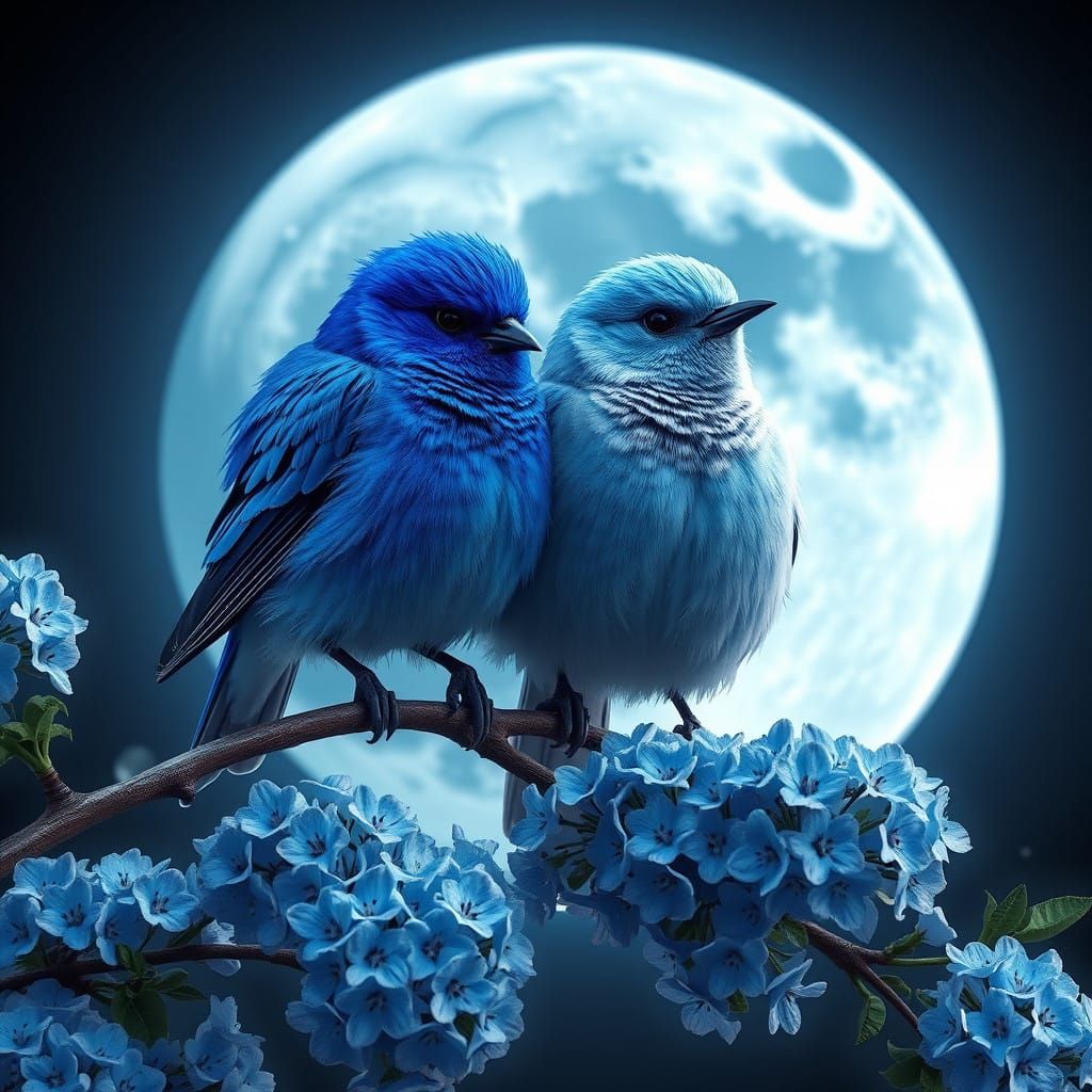 Fantastical Blue Birds Under Brilliant Blue Moon