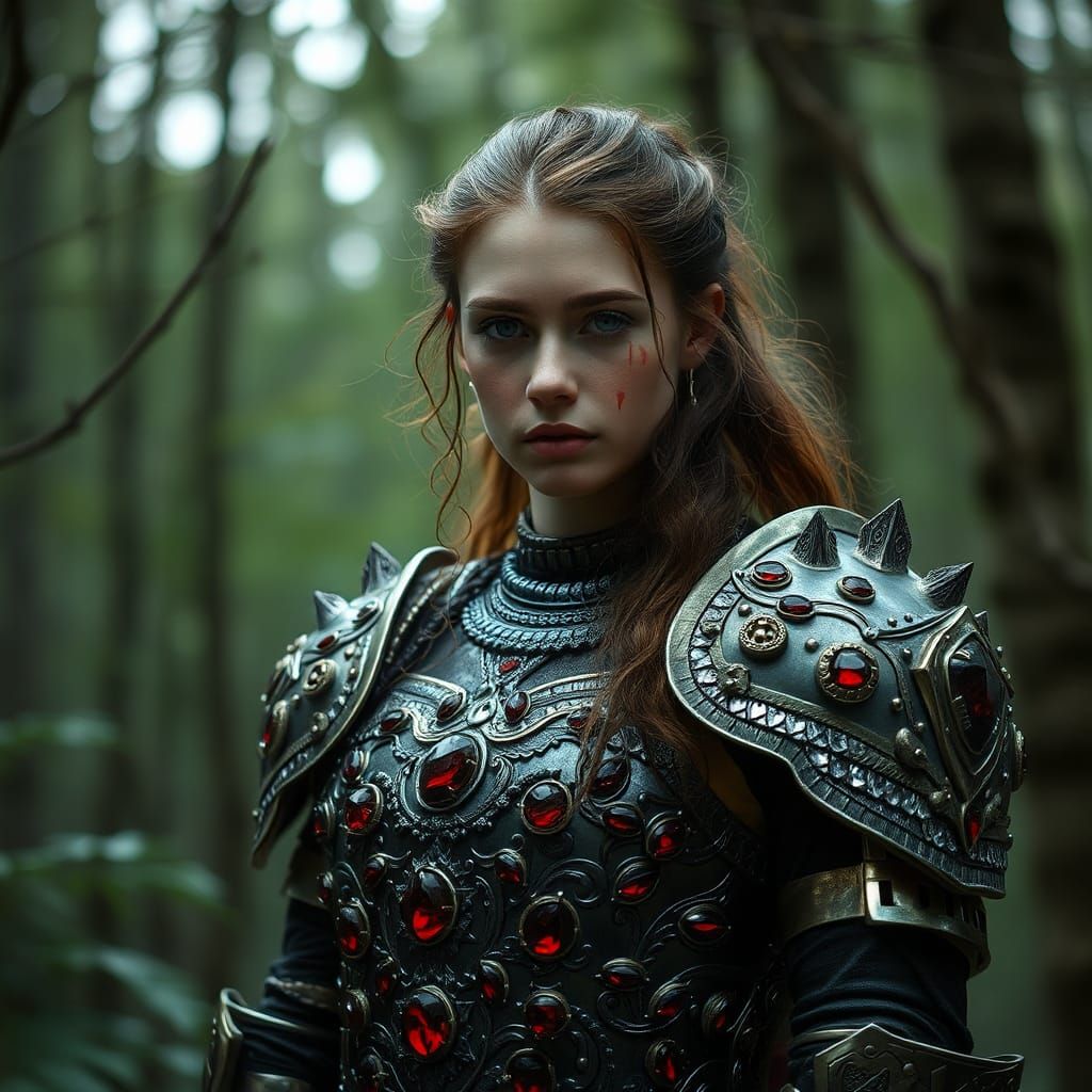 Woman in Ruby Armor: Forest Beauty and Blood