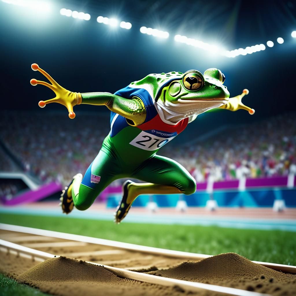 Anthropomorphic Frog Wins Olympic Long Jump in Anime Style