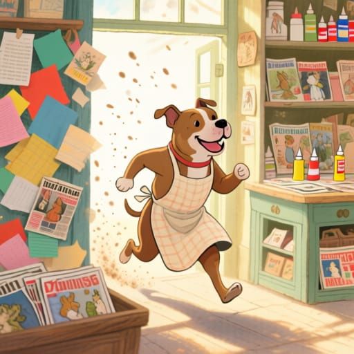 Happy Pitbull Runs Vintage Collage Shop in Storybook Style