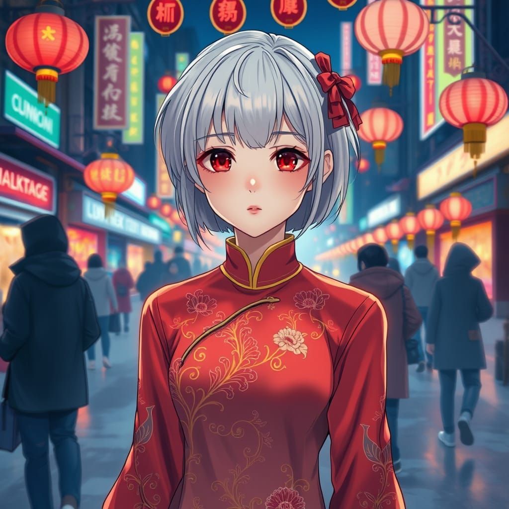 Serene Vietnamese Beauty Walks Amidst Neon City Lights