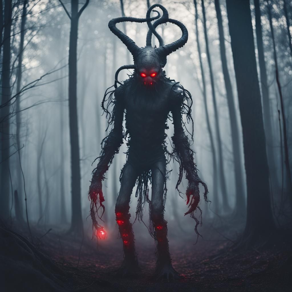 Lovecraftian Smoke Fiend in Foggy Forest