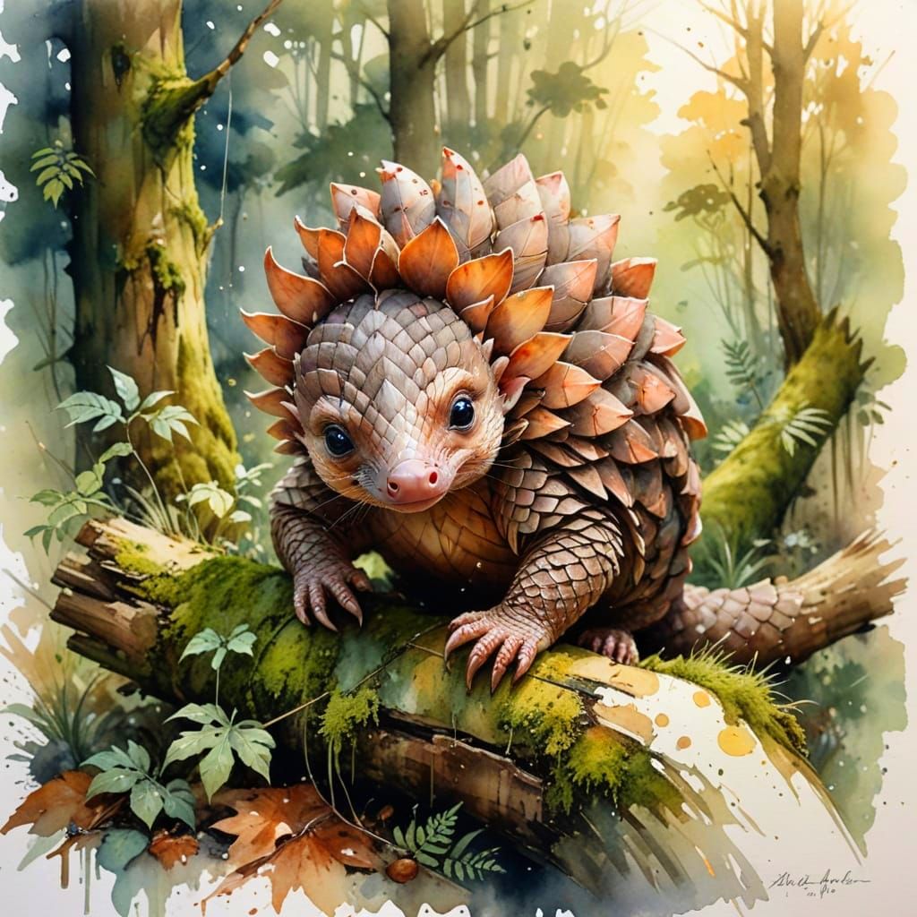 Adorable Pangolin Curled on Mossy Log in Dappled Light