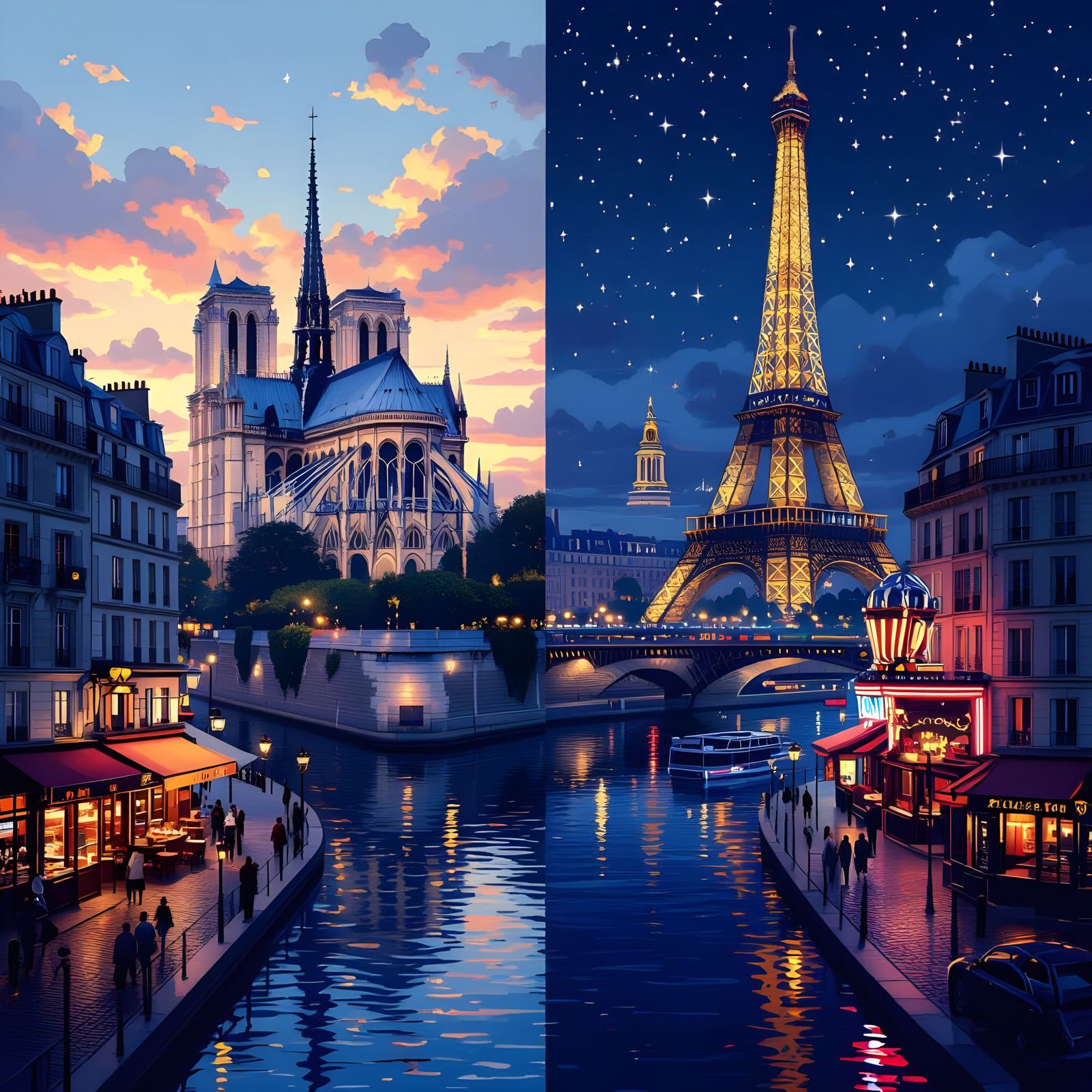 Dual Parisian Landscape in Digital Art Style