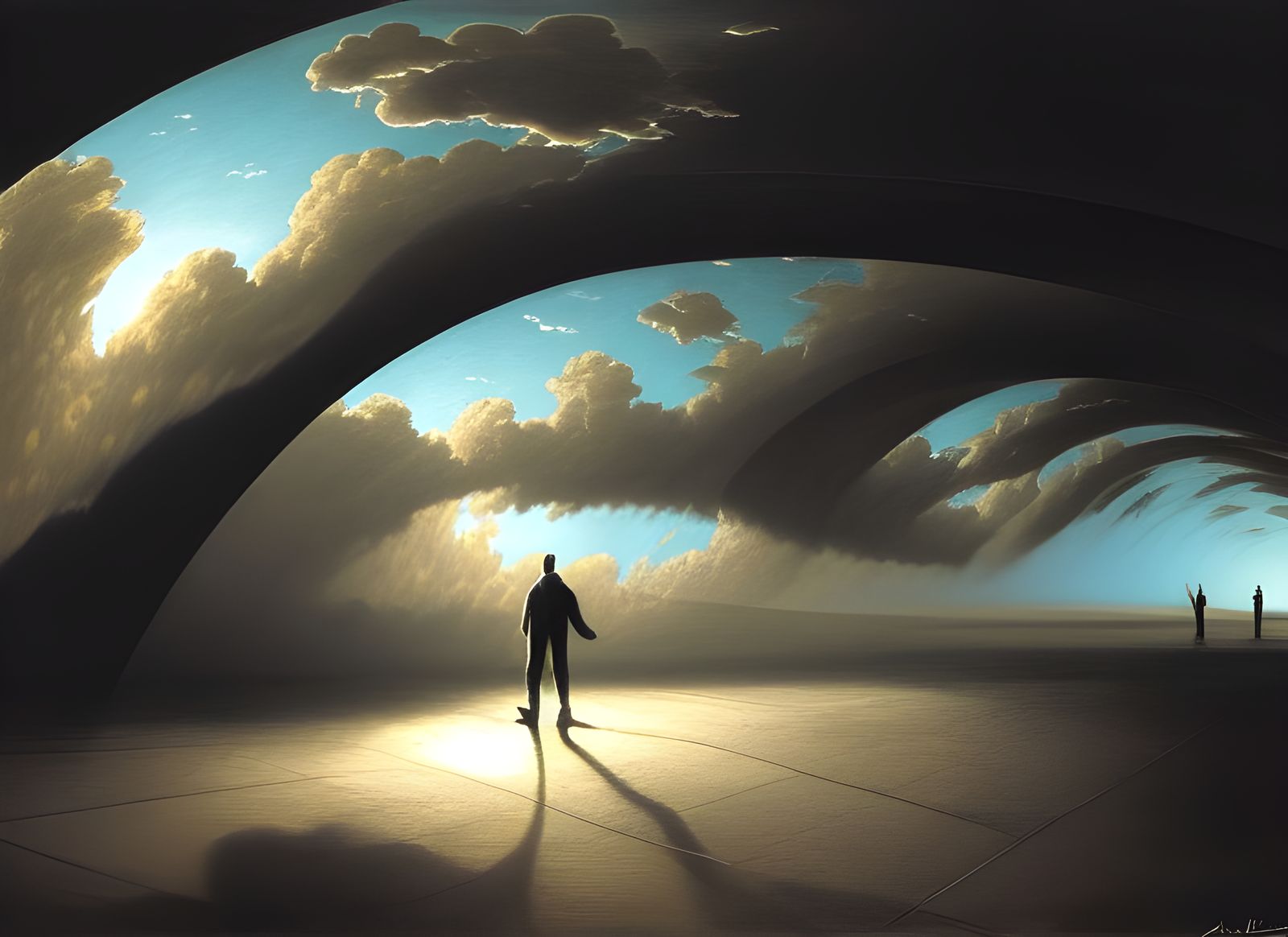 Surreal World Walking Being on Metal Arch