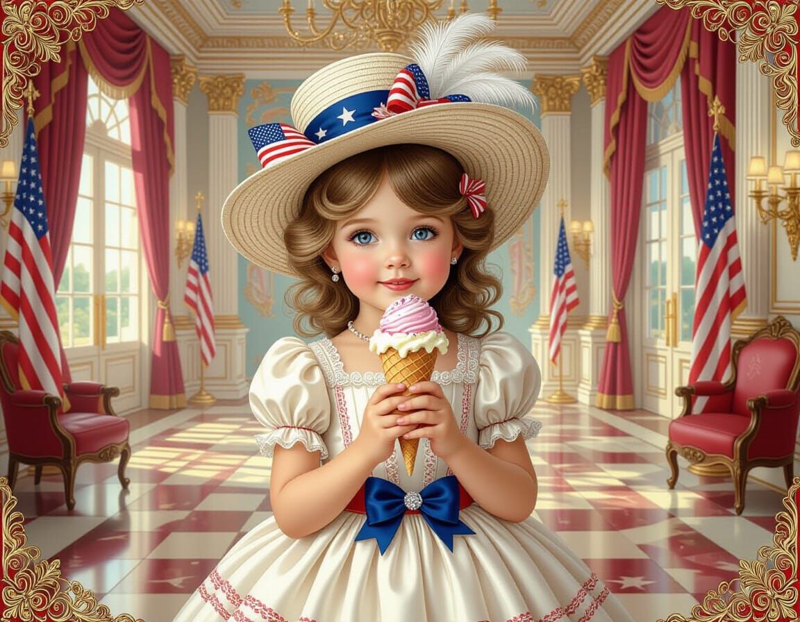 Victorian Girl Celebrates Fourth of July in Ballroom