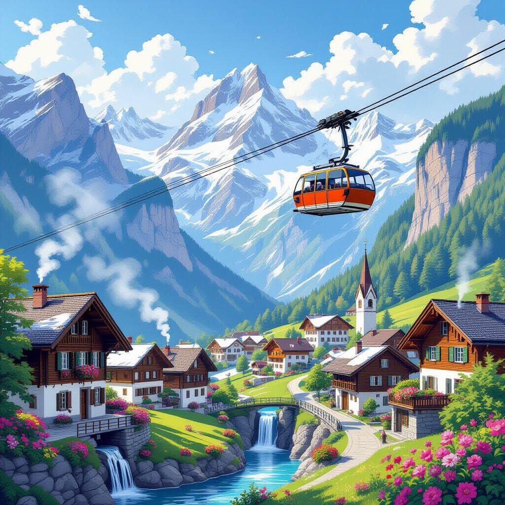 Charming Swiss Alps Village with Cable Car