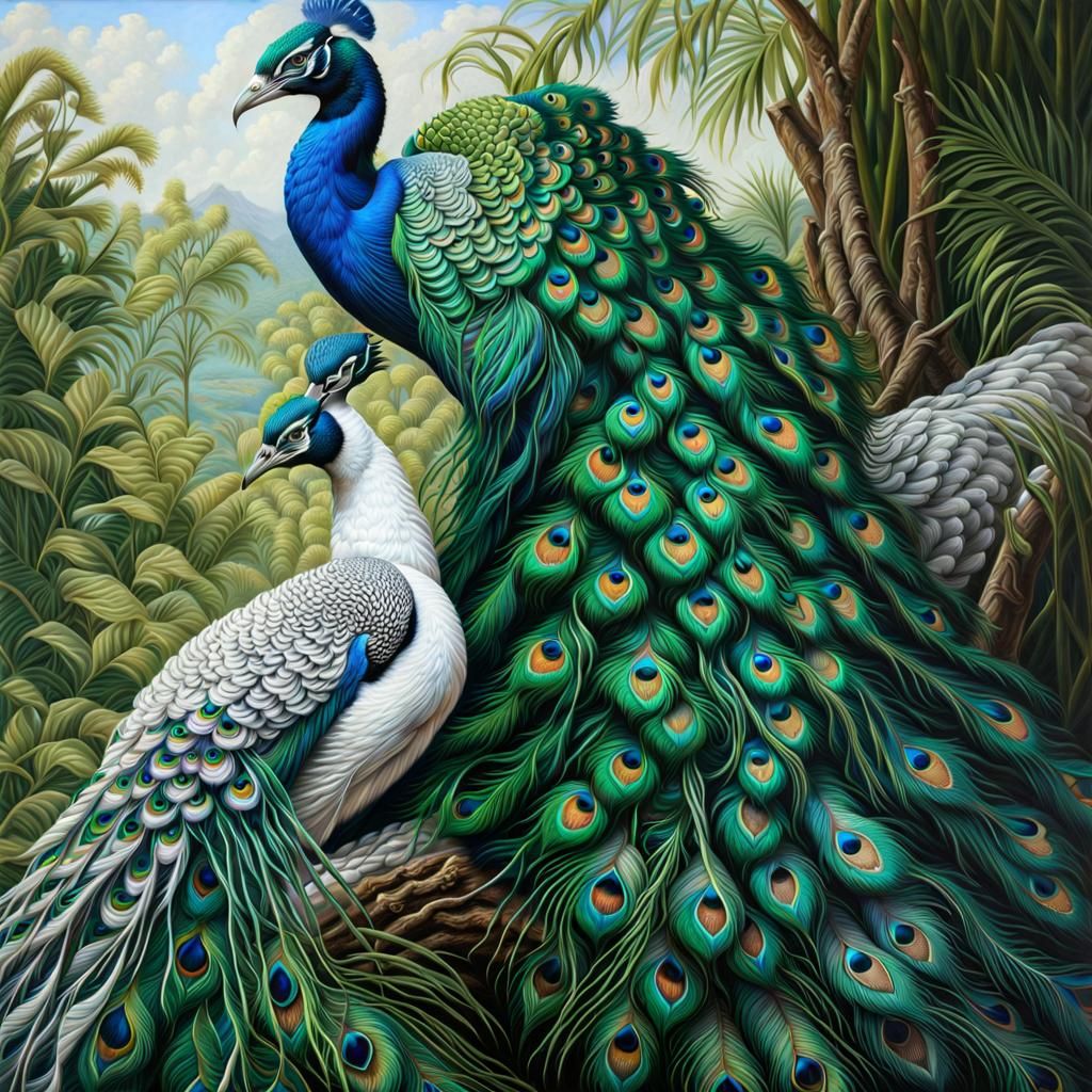 two entwined peacocks, white and green, the other green and blue. White dazzling image with vibrant colors and detailed ...