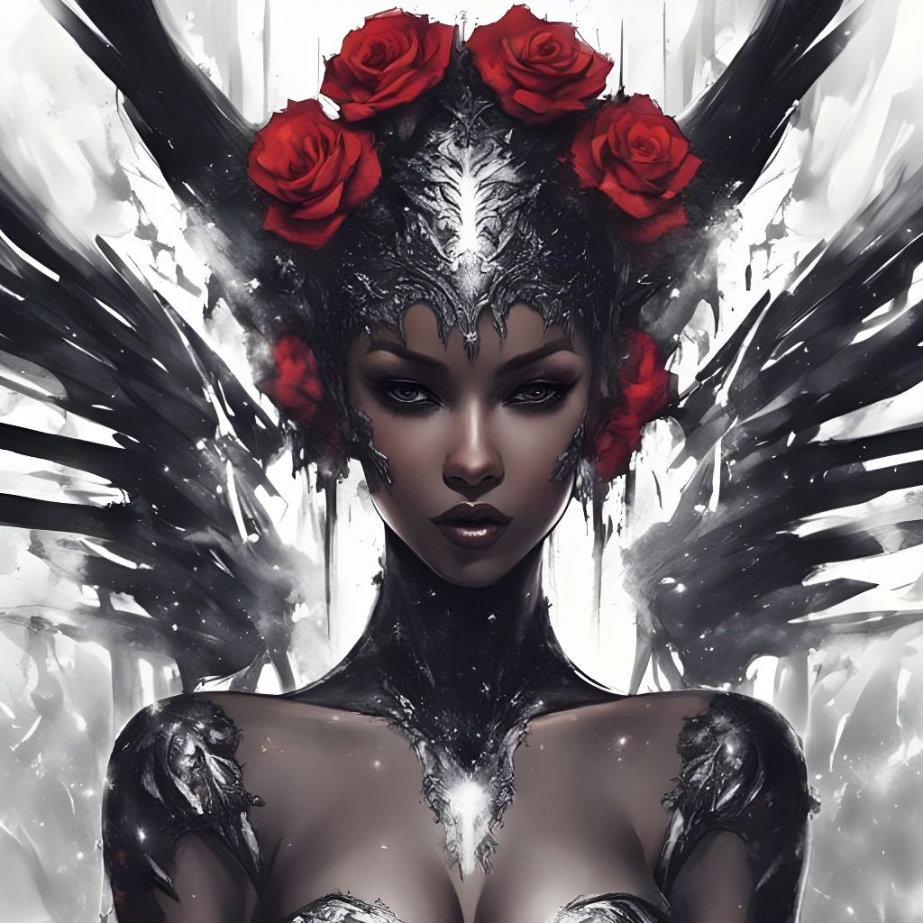 Gothic Black Angel Portrait with Rose Petals