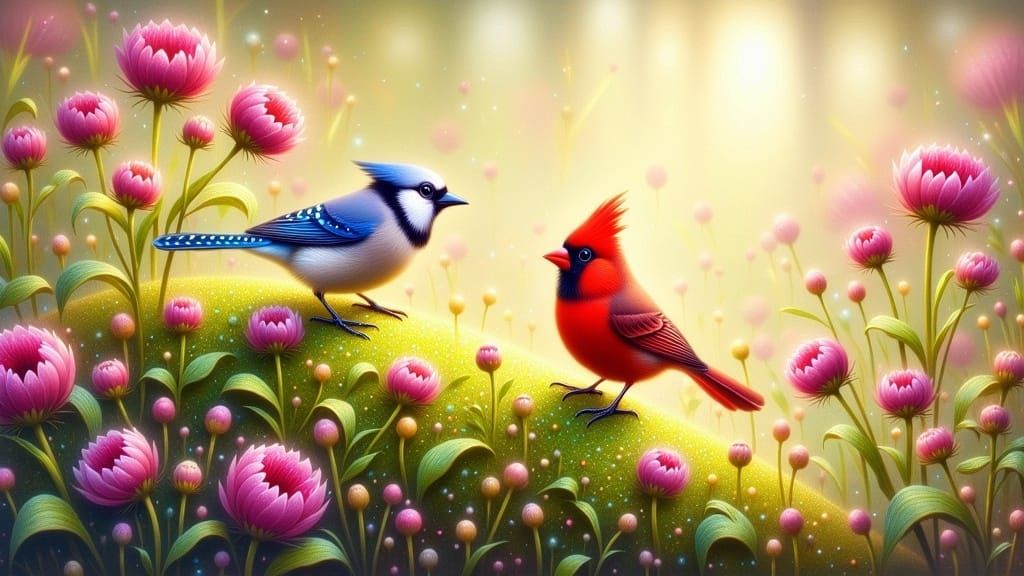 Cardinals and Blue Jays in a Serene Floral Landscape