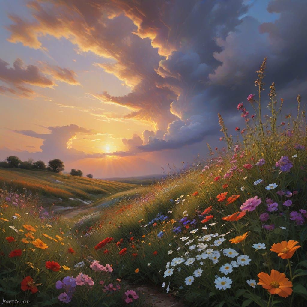 Impasto Wildflowers Amidst Dramatic Sunset Libraryscape