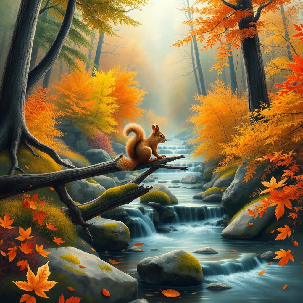 Watercolor airbrush alcohol ink, a vibrant autumn forest lan...