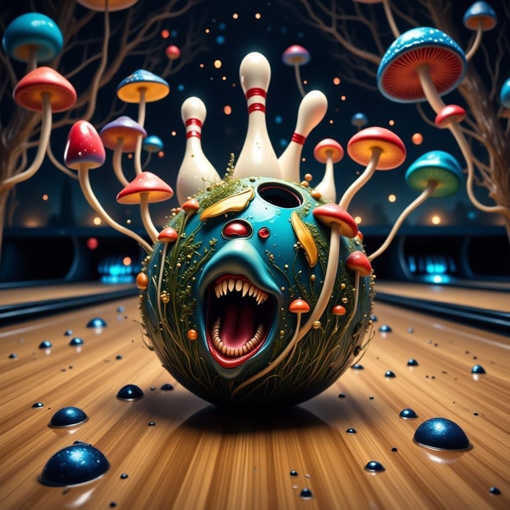 Surreal Bowling Scene with Psychedelic Mushrooms in Neon Col...