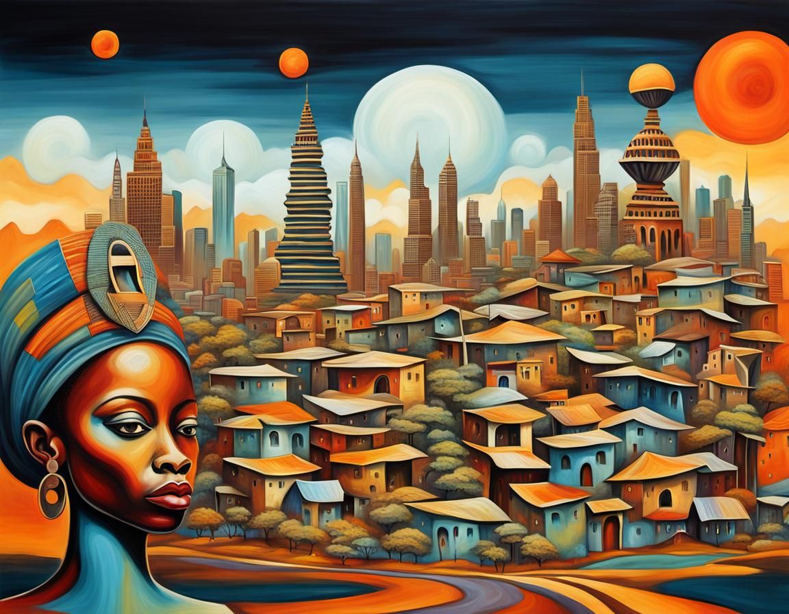 African Queen in Distorted Surreal Cityscape