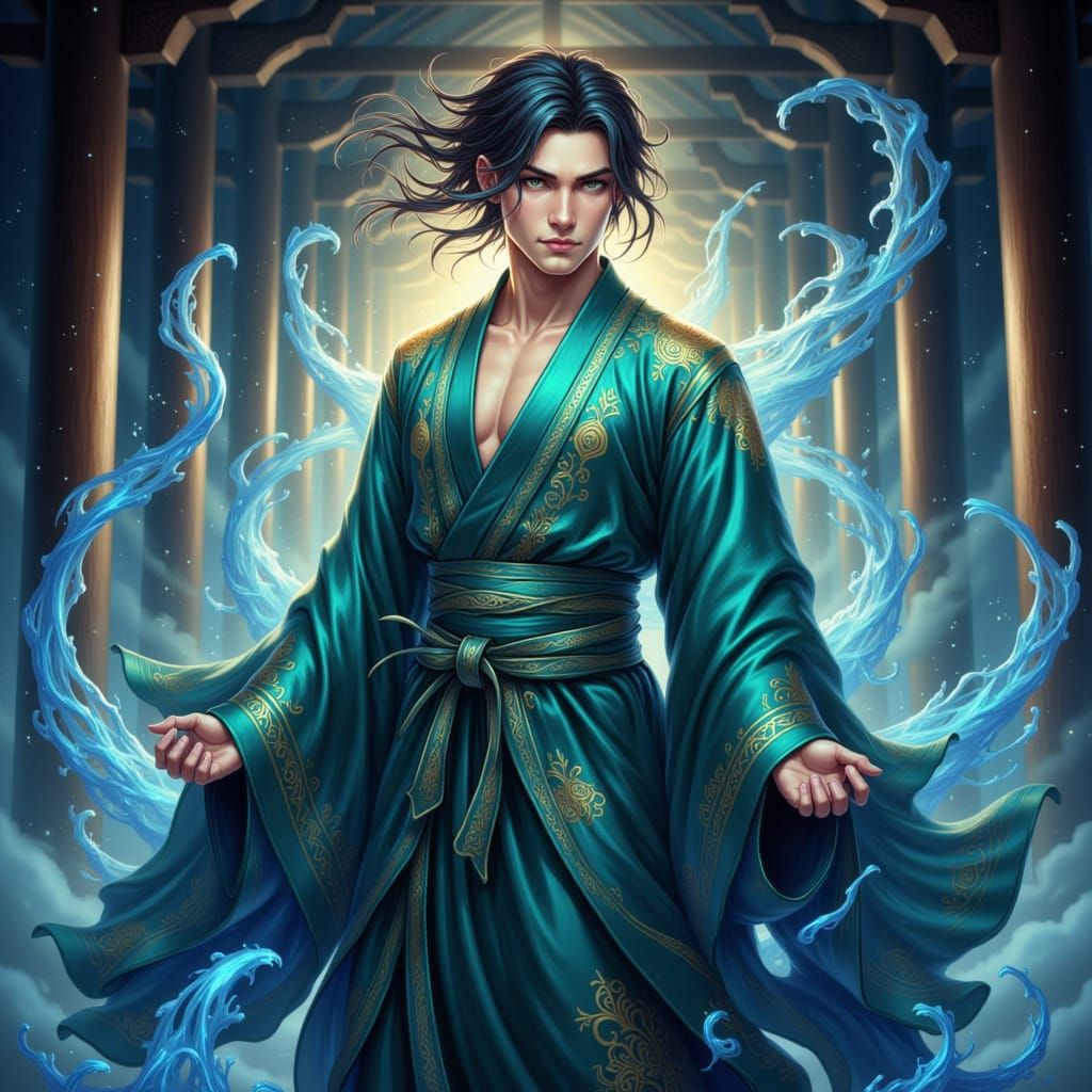 Korean Scholar in Emerald and Sapphire Robes