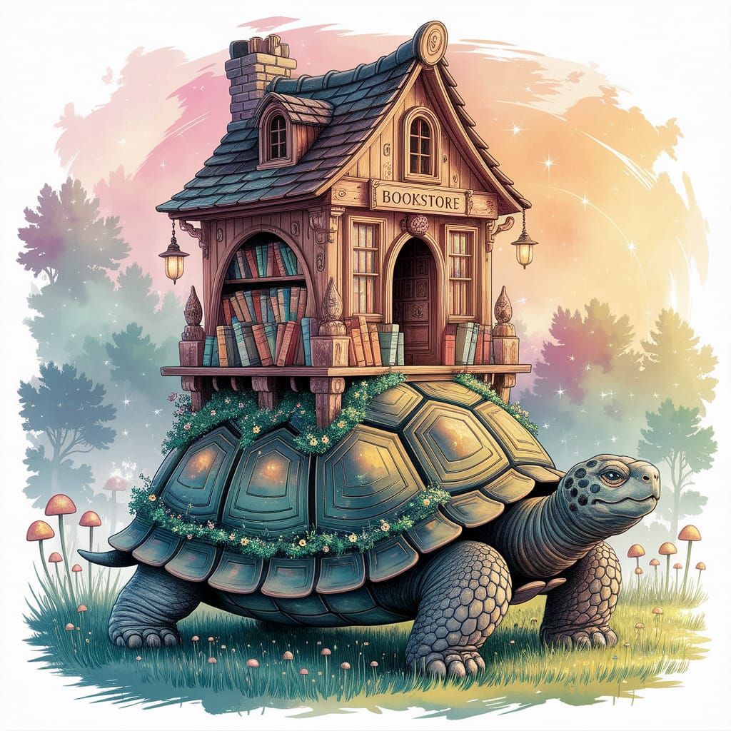 Magical Bookstore on a Giant Tortoise, Watercolor Style