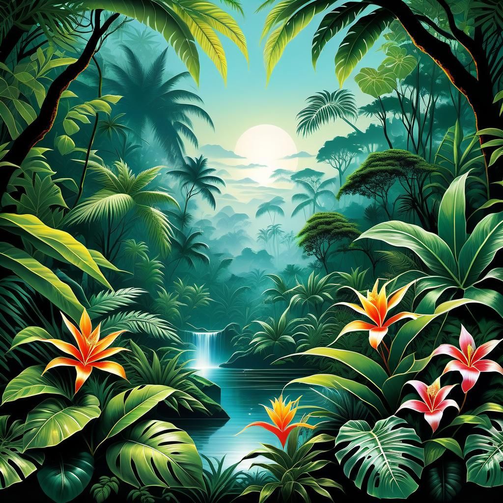 Surreal Jungle Tapestry with Ethereal Silhouettes