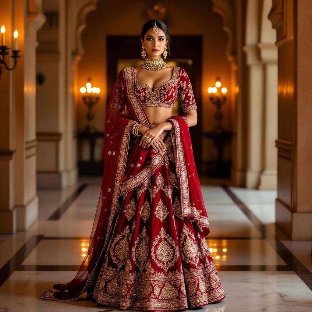 Woman in Crimson Lehenga, Vogue India Editorial Style