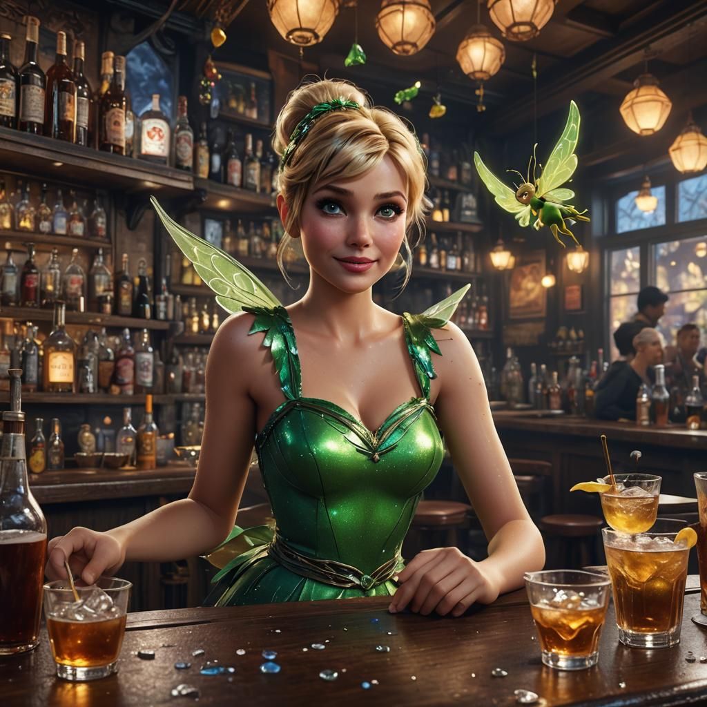 Tinkerbell, getting drunk in a bar , tipsy, eyes glazed,