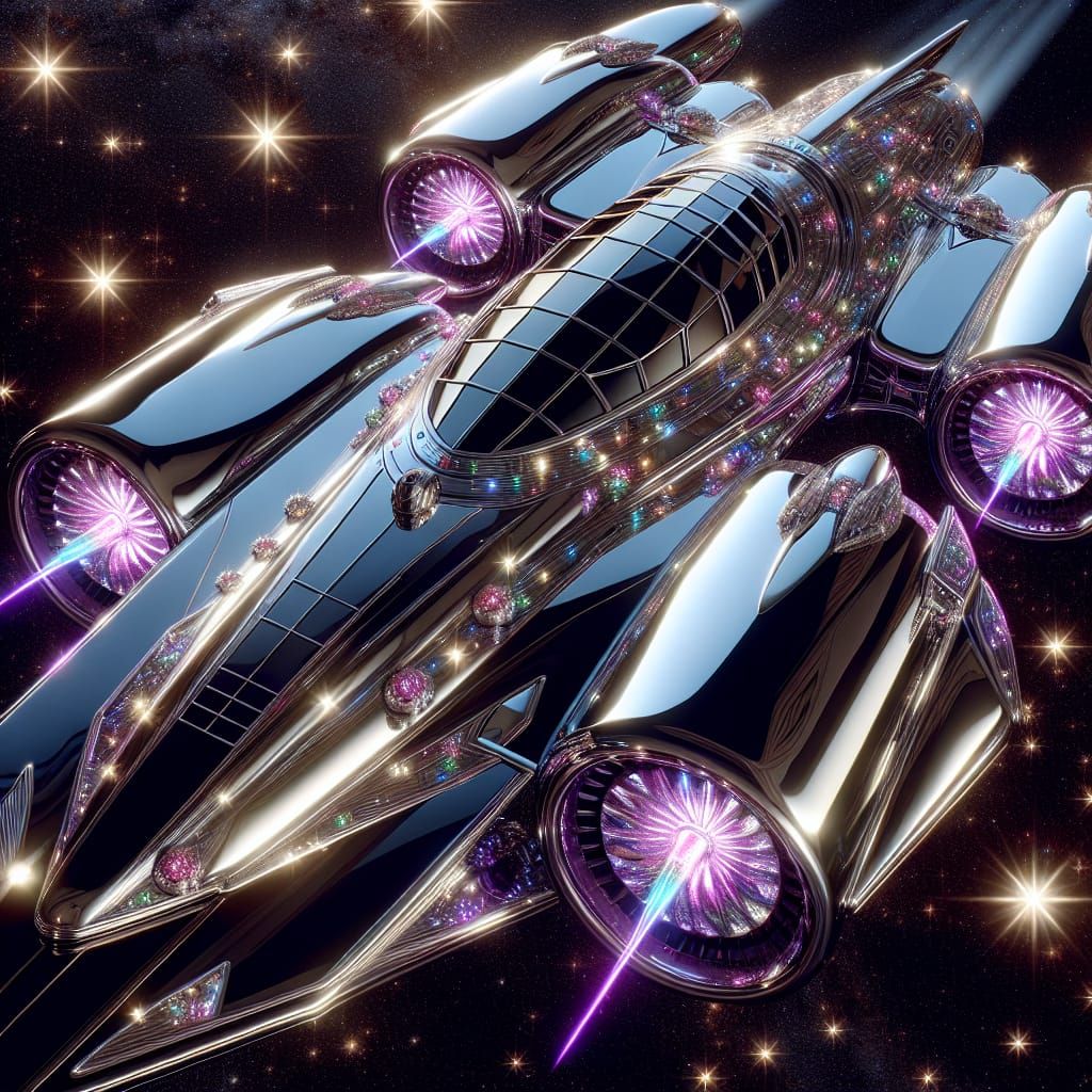 Futuristic Chrome Spaceship Gleaming in Starry Space