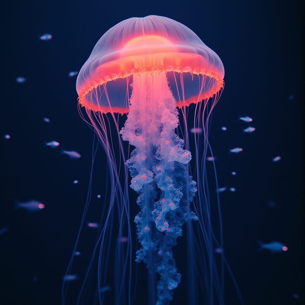 Bioluminescent Jellyfish in Dark Ocean, Dreamlike Image