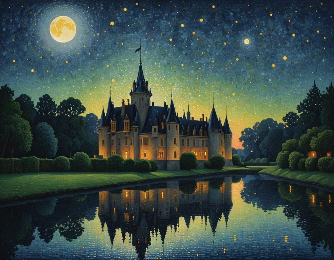 Loire Chateaux at Night in Pointillist Style
