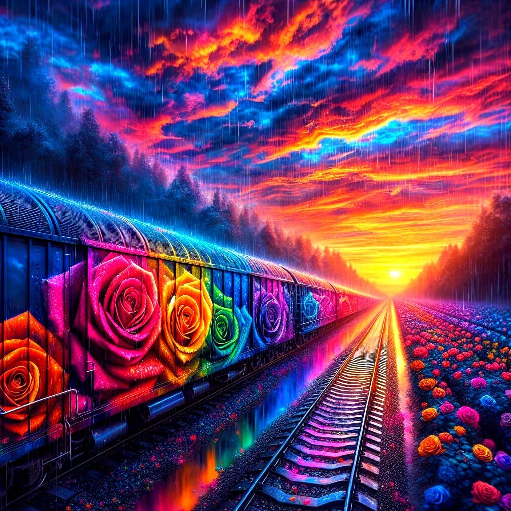Train Yard Sunset with Rainbow Roses
