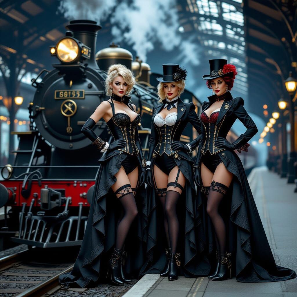 Glamorous Steampunk Ladies at Railway Station