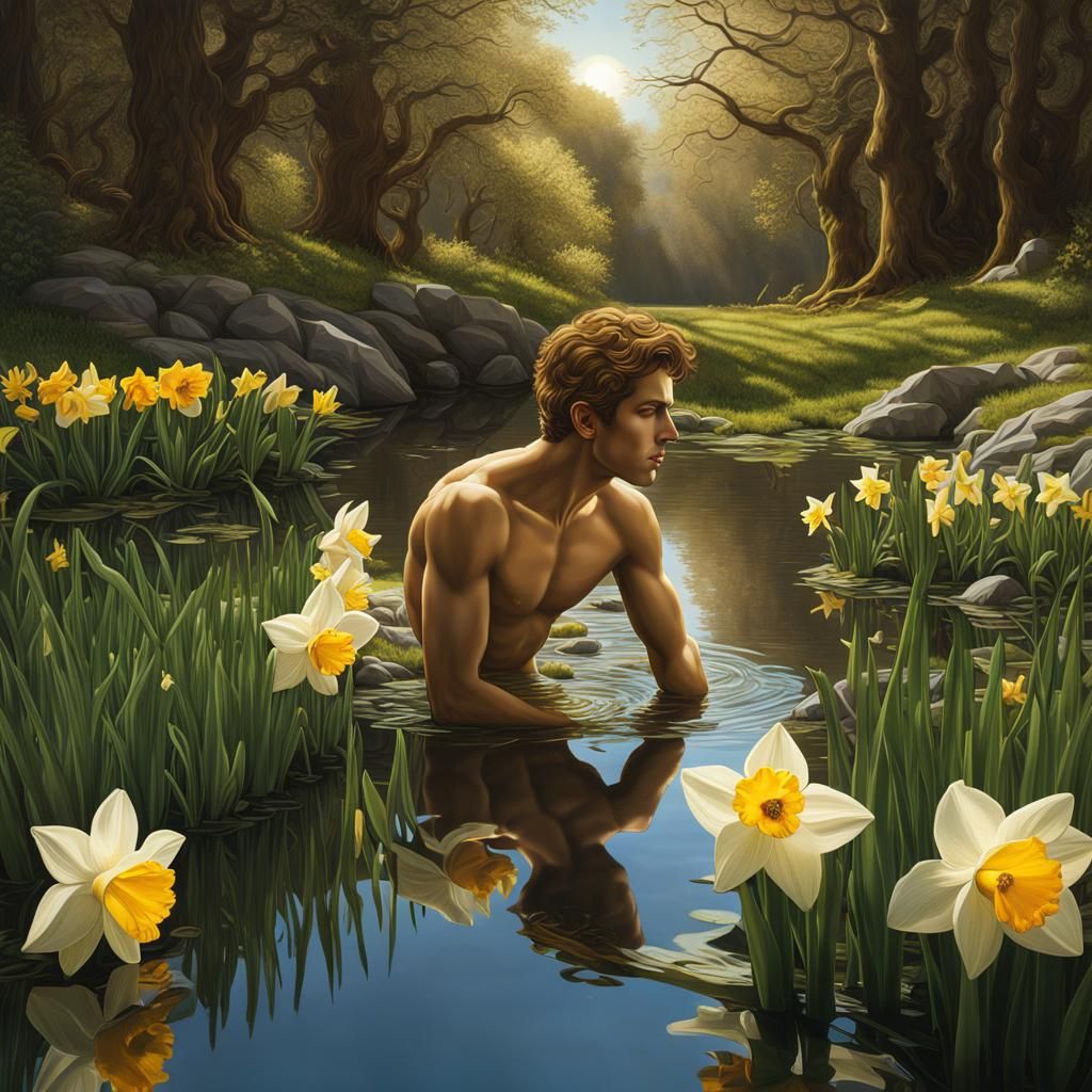 Narcissus Admiring His Reflection: Digital Painting