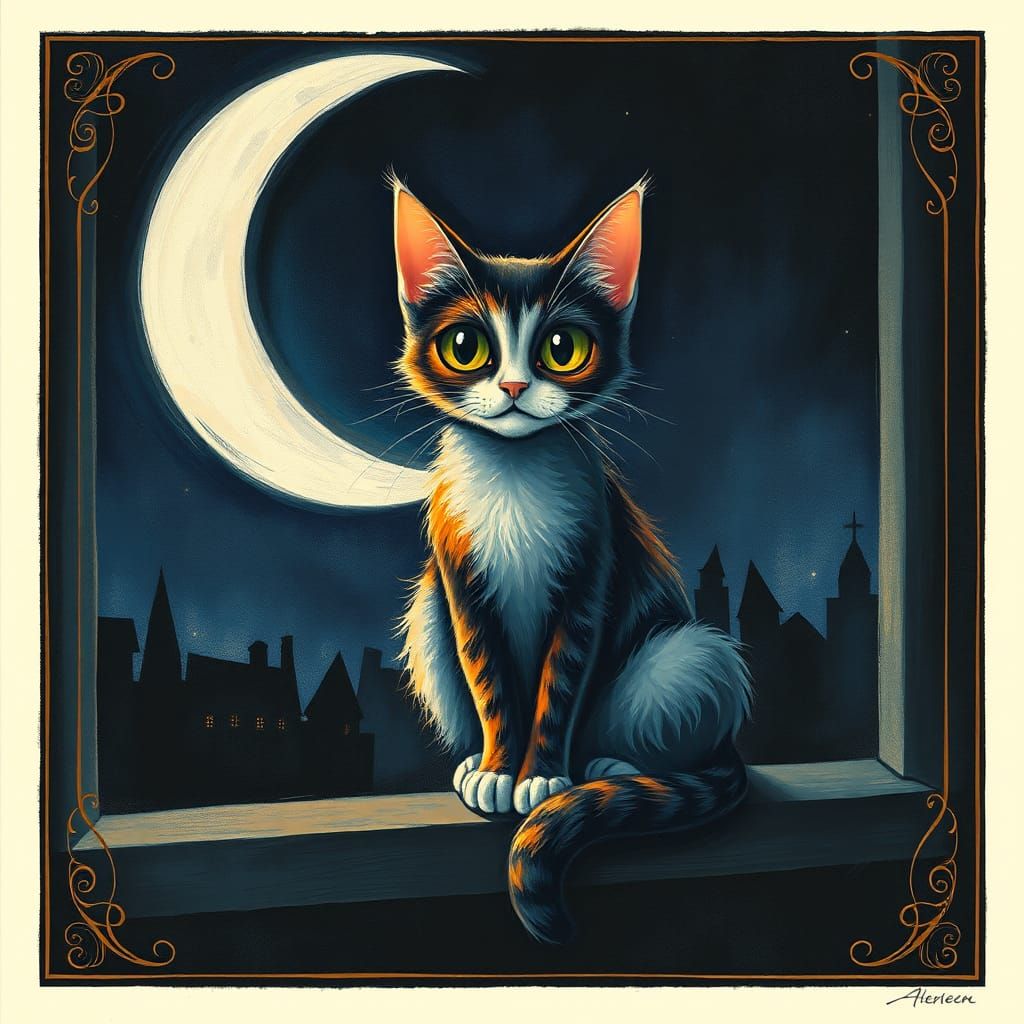 Surreal Cat on Moonlit Windowsill in Dreamy Style