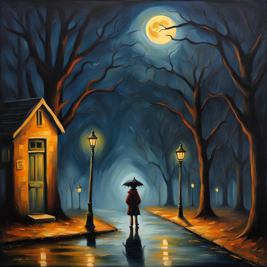 Eerie October Night: Trick-or-Treater in Oil Painting Style