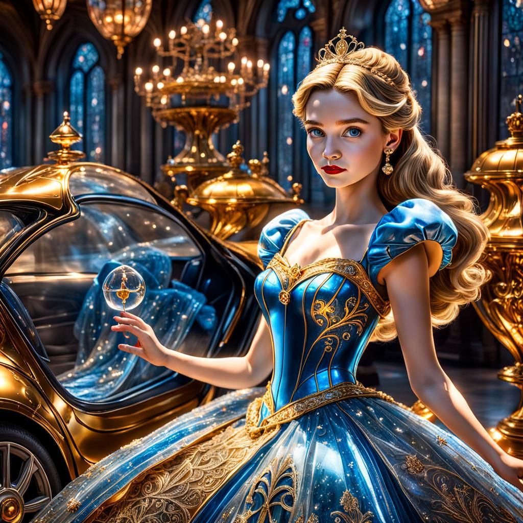 Hyperrealistic Cinderella in Golden Tesla Dress