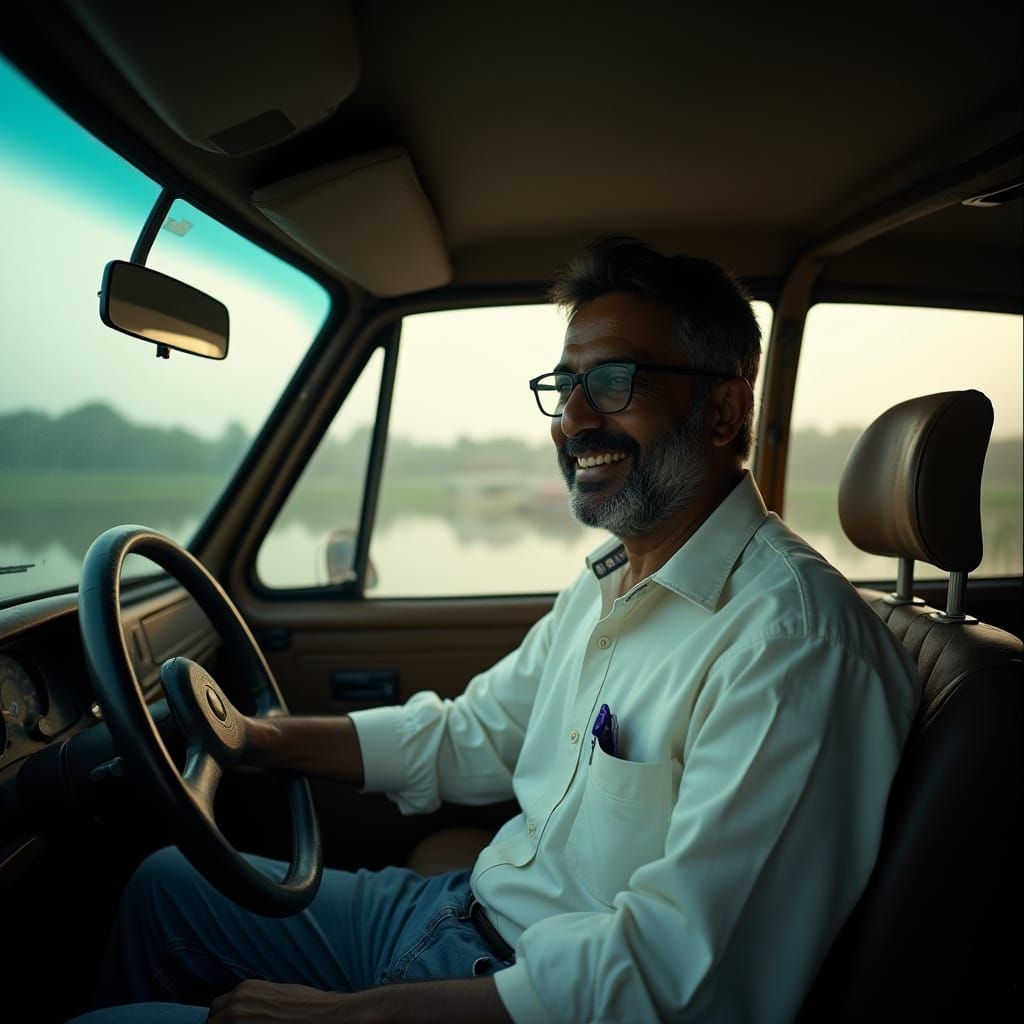 Middle-Aged Indian Man Lost in Thought Behind the Wheel