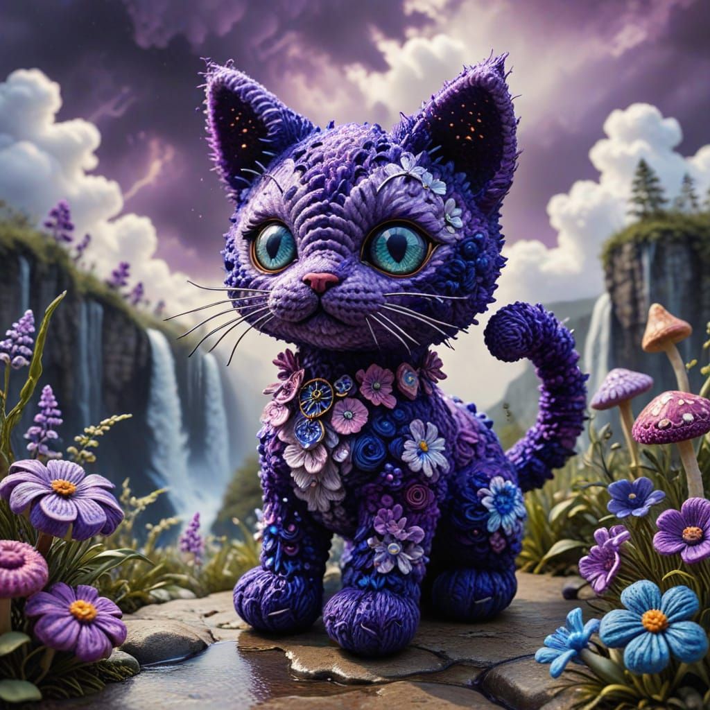 Whimsical Amigurumi Kitten in Vibrant Floral Wonderland