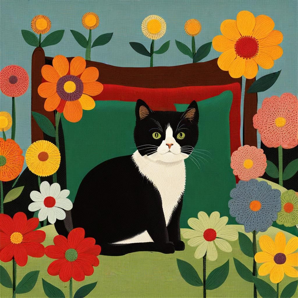 Charming Cat Surrounded by Flowers in Folk Art Style