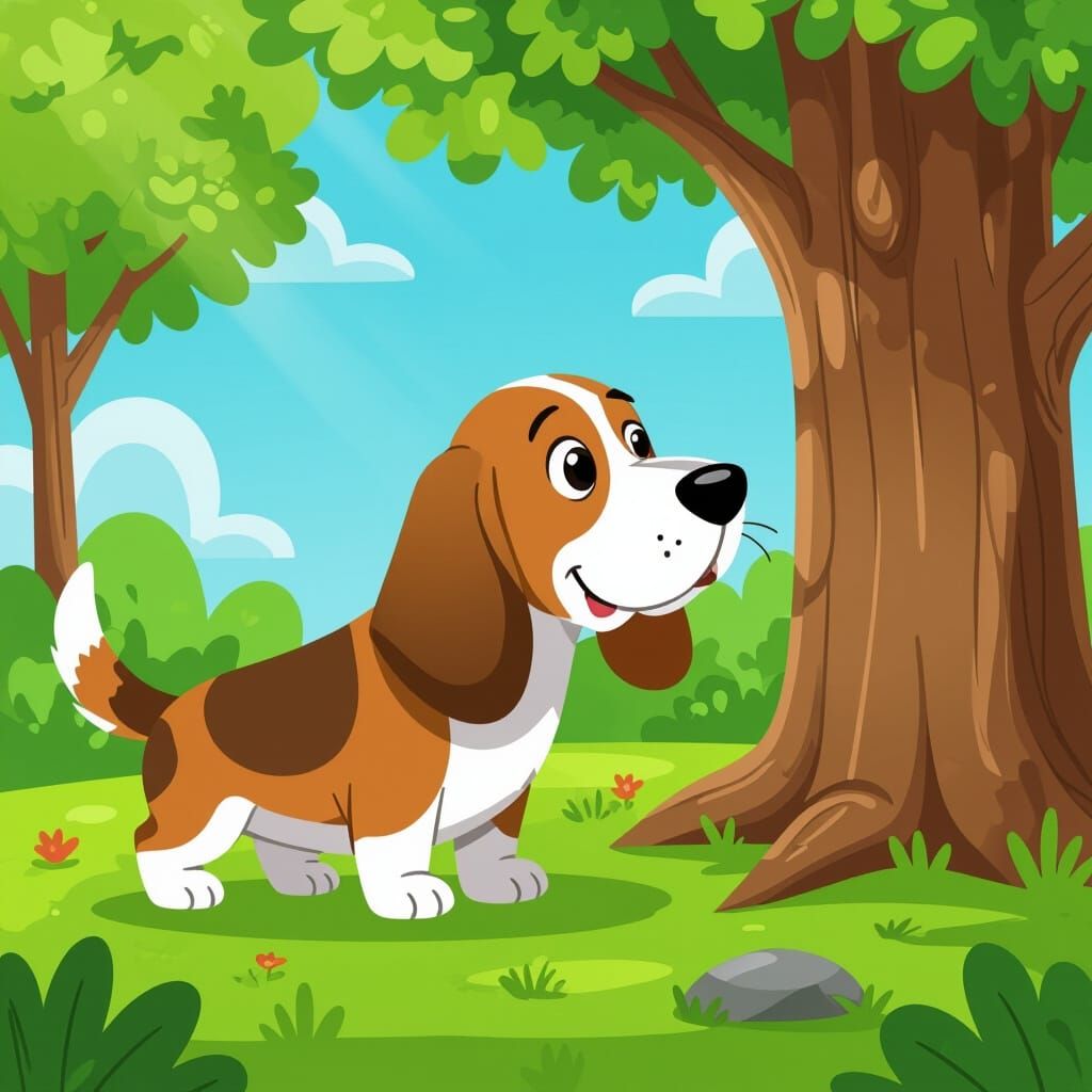 Cute Basset Hound Sniffing Tree in Cartoon Style
