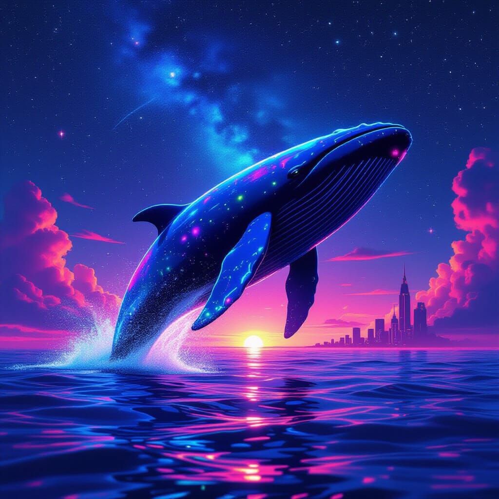 Galactic Whale Breaches Neon Ocean Under Synthwave Sky