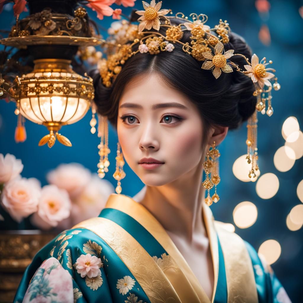 Beautiful Girl in Royal Japanese Costume Lighting Lamp