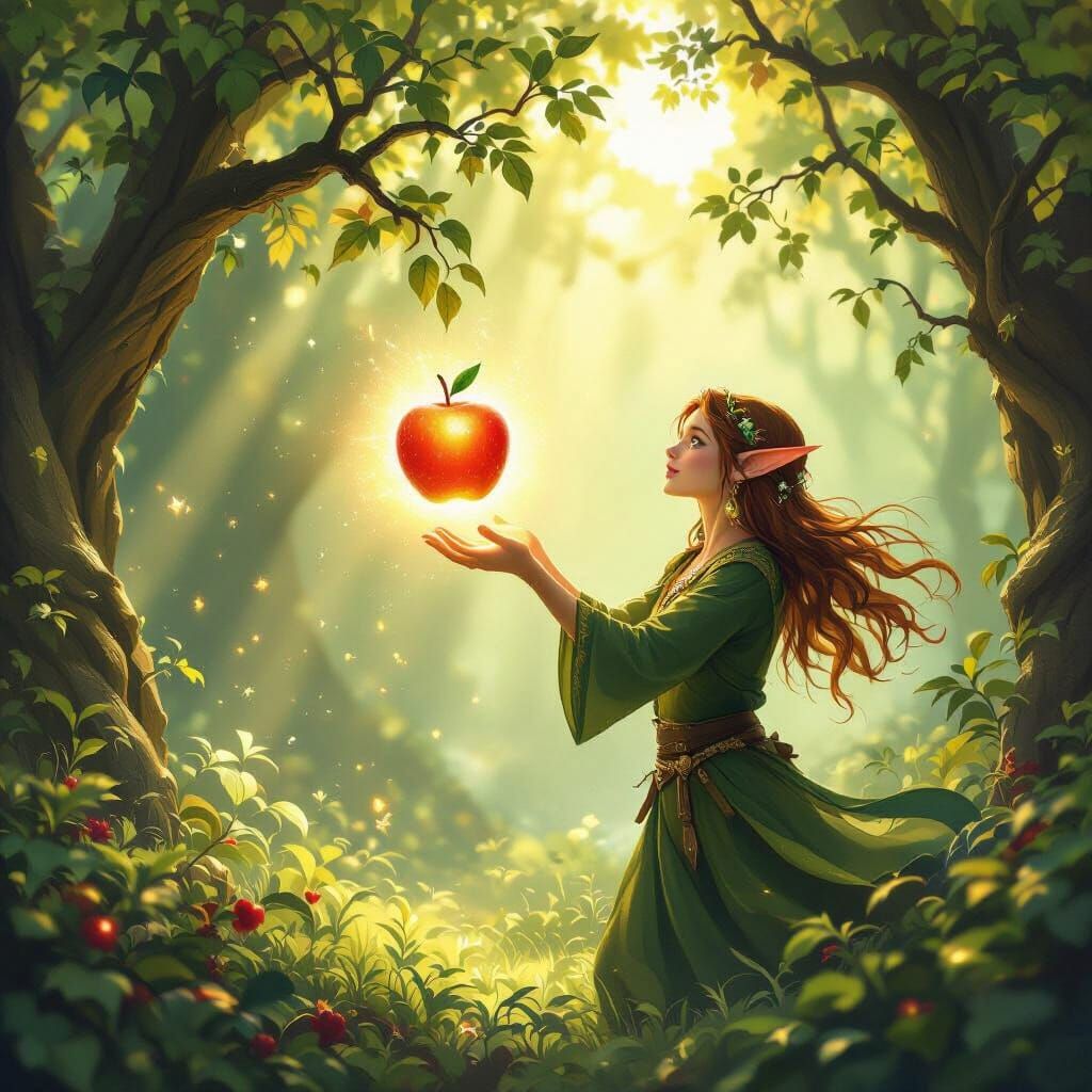 Elf Reaches for Magical Glowing Apple in Fantasy Forest