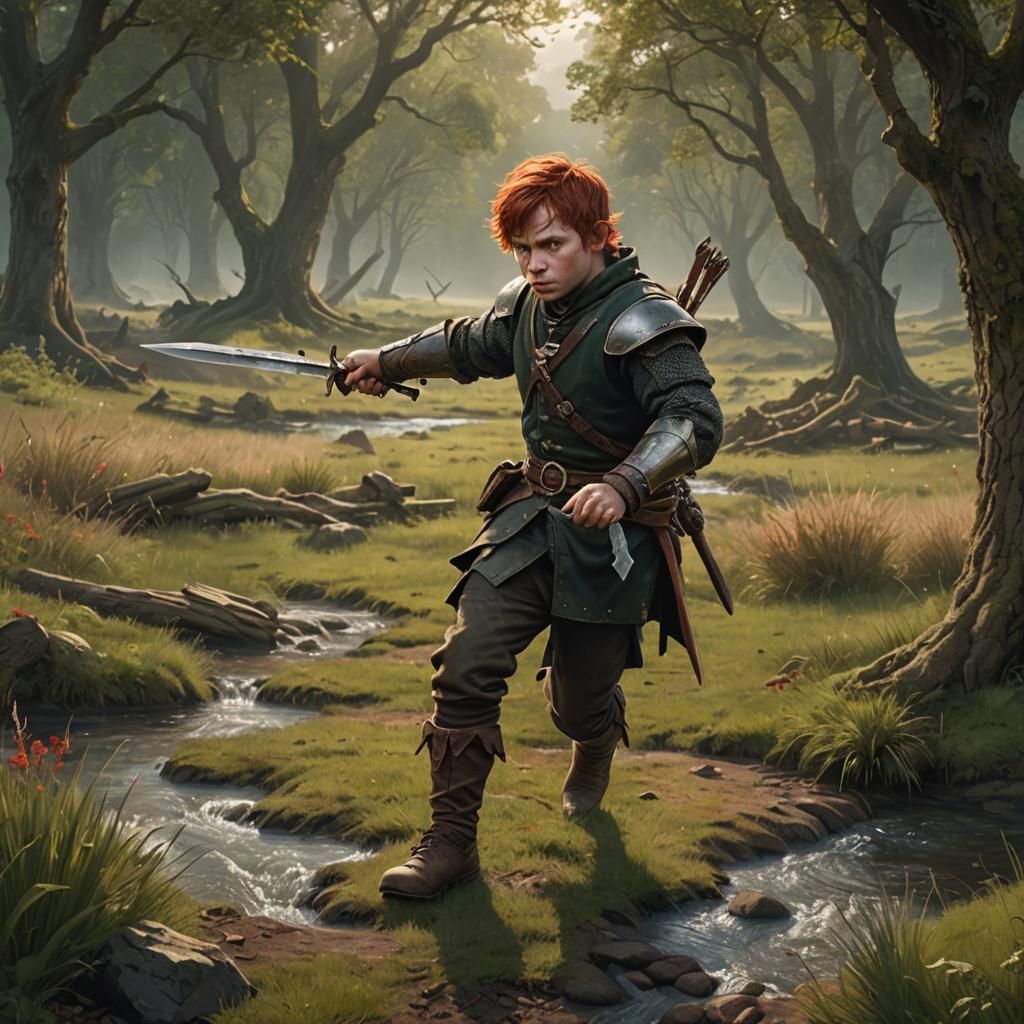 Halfling Rogue Throwing Knives in Meadow, Digital Painting