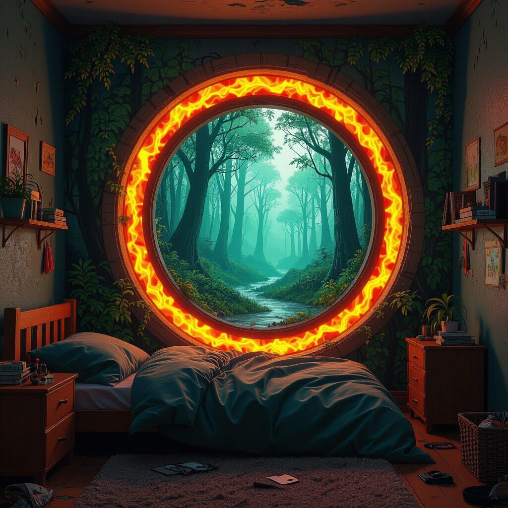 Bedroom Portal to Mythical Forest, Digital Painting