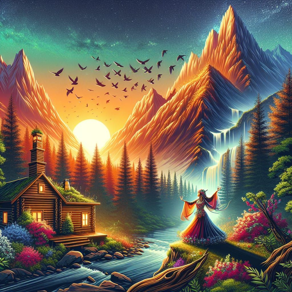 Forest Cabin with Dancing Woman: Fantasy Concept Art